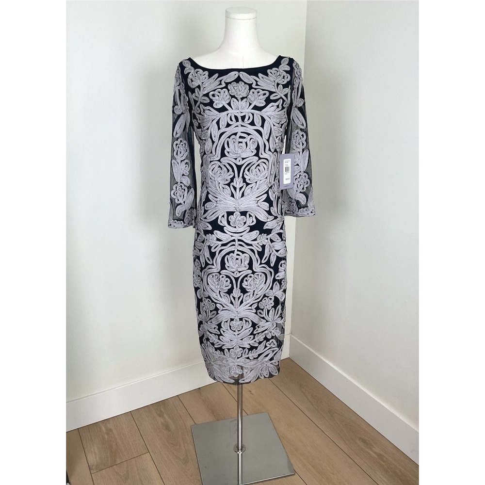 JS Collections Navy Silver Soutache Floral Mesh Cocktail Dress Womens 2 NEW‎